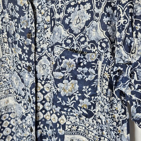 Robert Stock Floral Geometric Patchwork Blue White Shirt M Silk Hawaii Button-Up - Picture 5 of 8